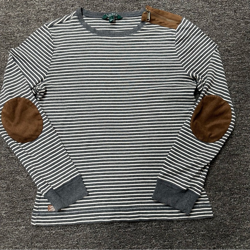 Lauren Ralph Lauren Stripe Patchwork Zip Shoulder Long Sleeve Top Women’s Size L